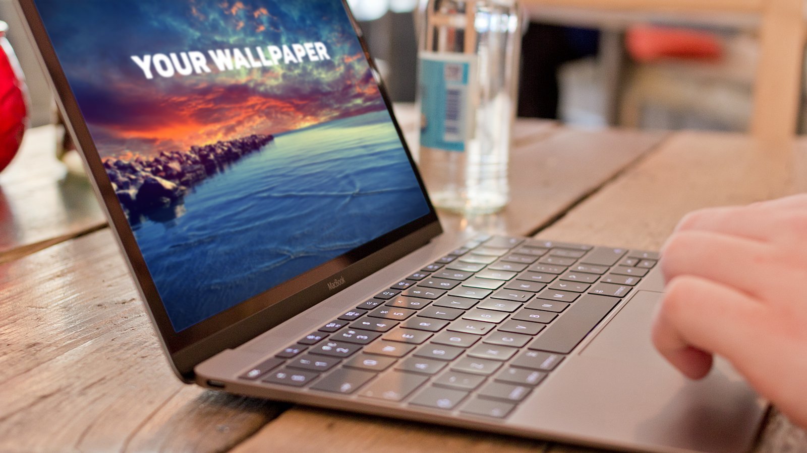 Apple MacBook on Wooden Table Mockup Apple MacBook on Wooden Table Mockup
