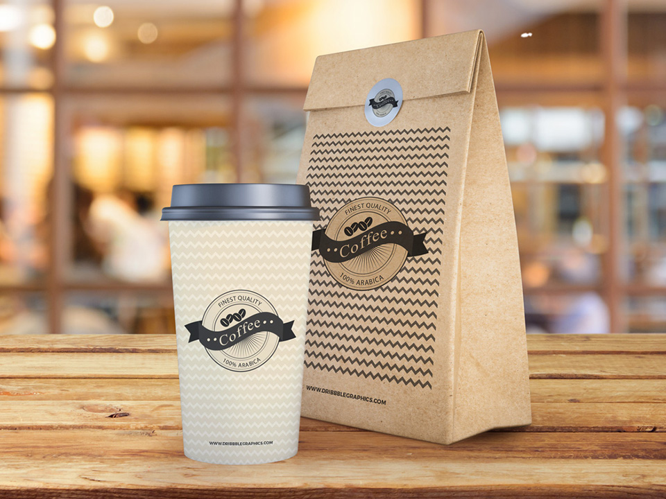 Coffee Cup and Paper Bag Mockup