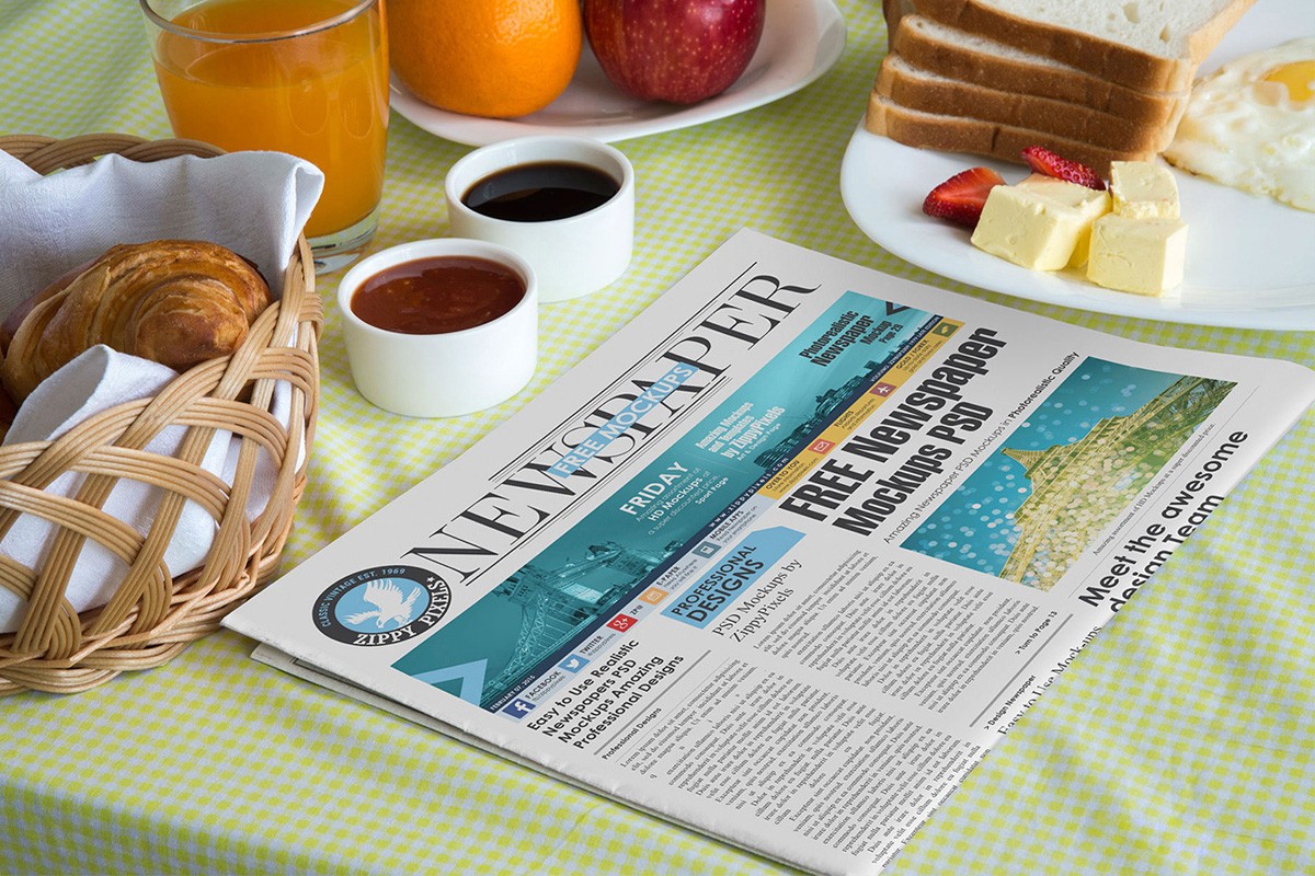 Download Newspaper on Breakfast Table Mockup PSD - Mockup Love