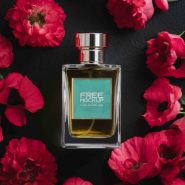 Perfume bottle surrounded by flower mockup